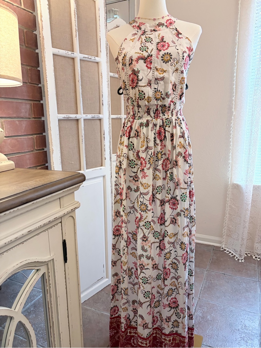 Altar'd State Boho Halter Lace Inset Smocked Waist Maxi Multi Color Floral M